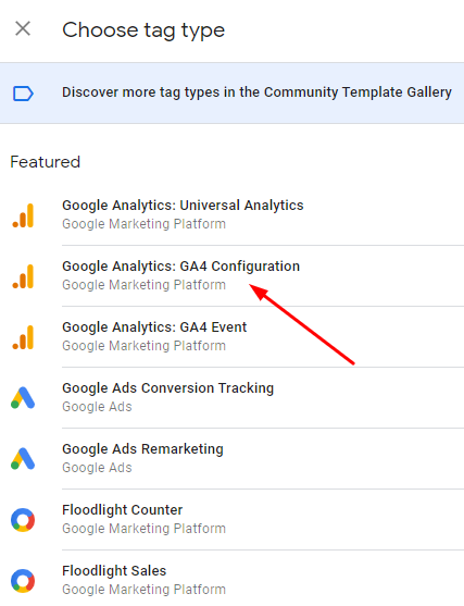 Choose Tag Type - Tag Manager